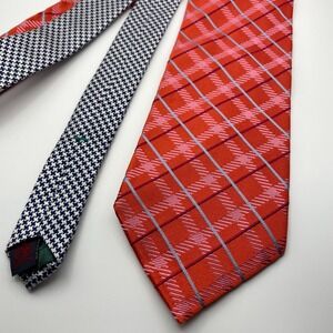 Tommy Hilfiger Mens Silk Ties Set of 2 Red Plaid Houndstooth Neckties